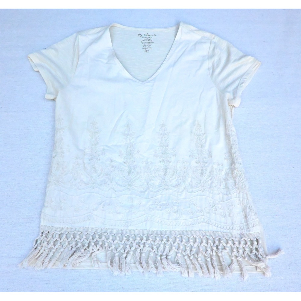 Chicos Womens 2 Ivory Floral Embroidered Fringe Top V Neck Short Sleeve Knit